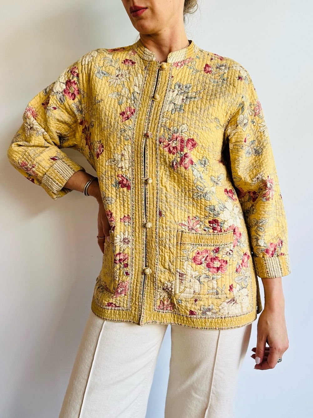 Passport Reversible Quilted Floral Striped Jacket Yellow Cottagecore Cotton Boho